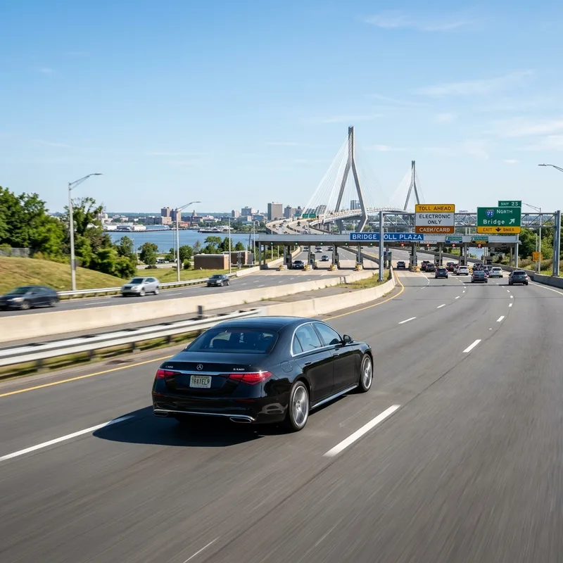 Premium black sedan driving on highway border crossing